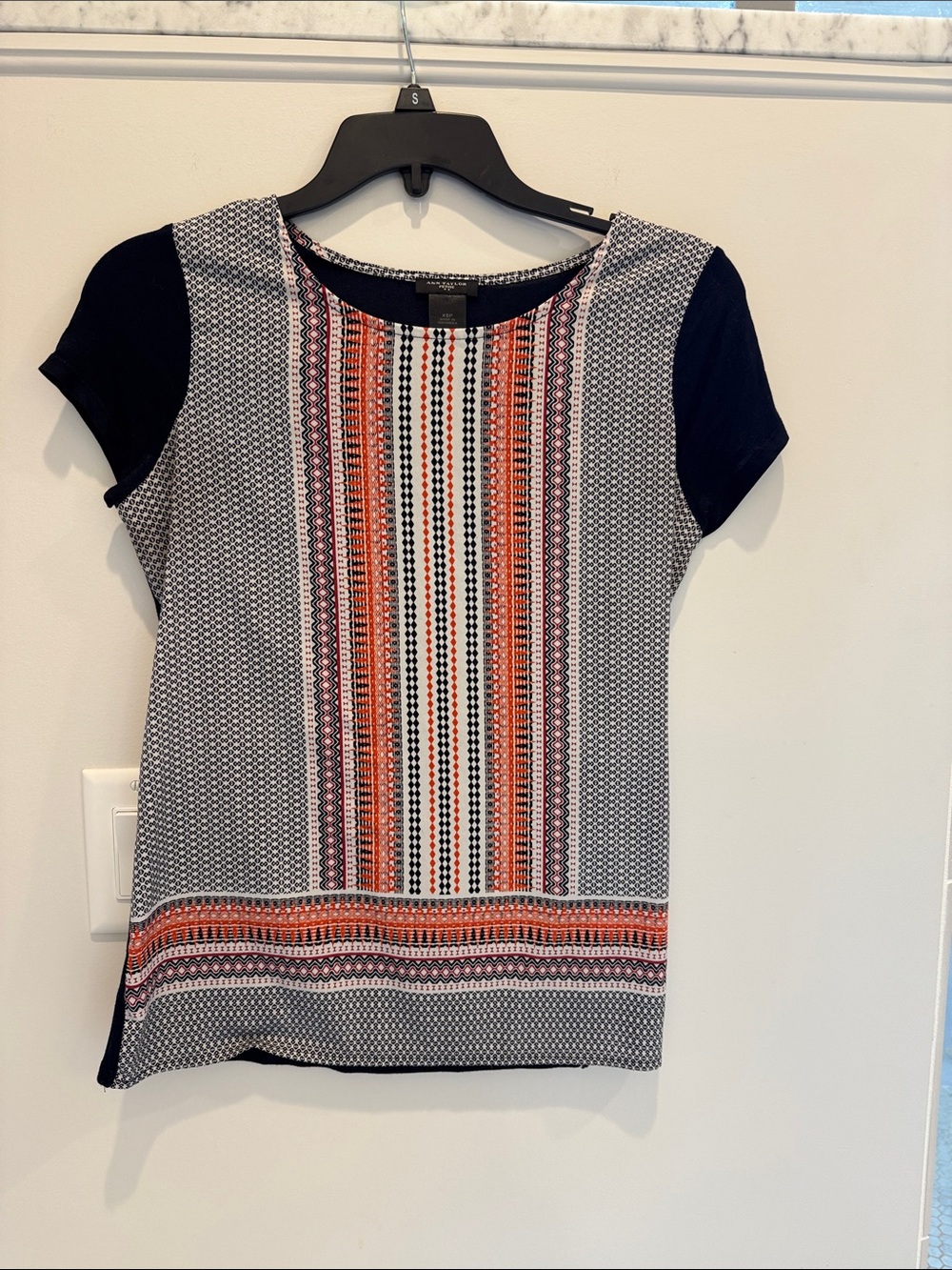 Ann Taylor Red and Black Geometric Mock Neck Blouse